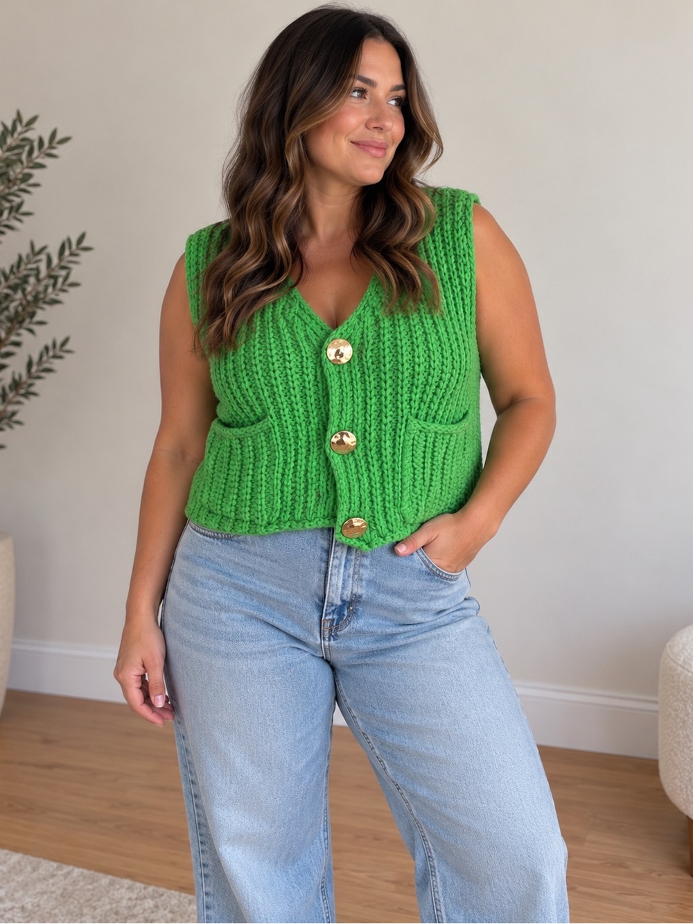 Green Chunky Knit Button Front Sweater Vest